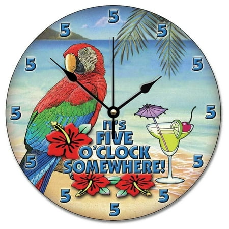 CodYinFI Parrot Beach Wall Clock 5 O'Clock Somewhere Large Wooden Wall Clocks Battery Operated 12 Inch Silent Non-Ticking Time Clock Modern Wall Art Farmhouse Decor for Kitchen Bedroom Living Room