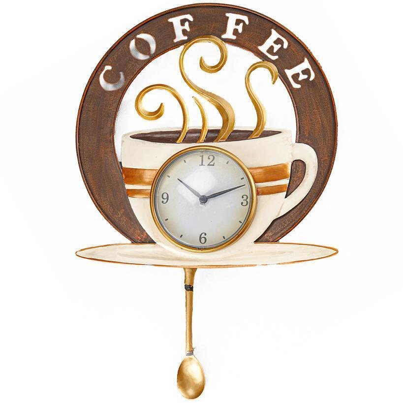 COFFEE THEMED PENDULUM ACCENT WALL CLOCK UNIQUE KITCHEN HOME DECOR