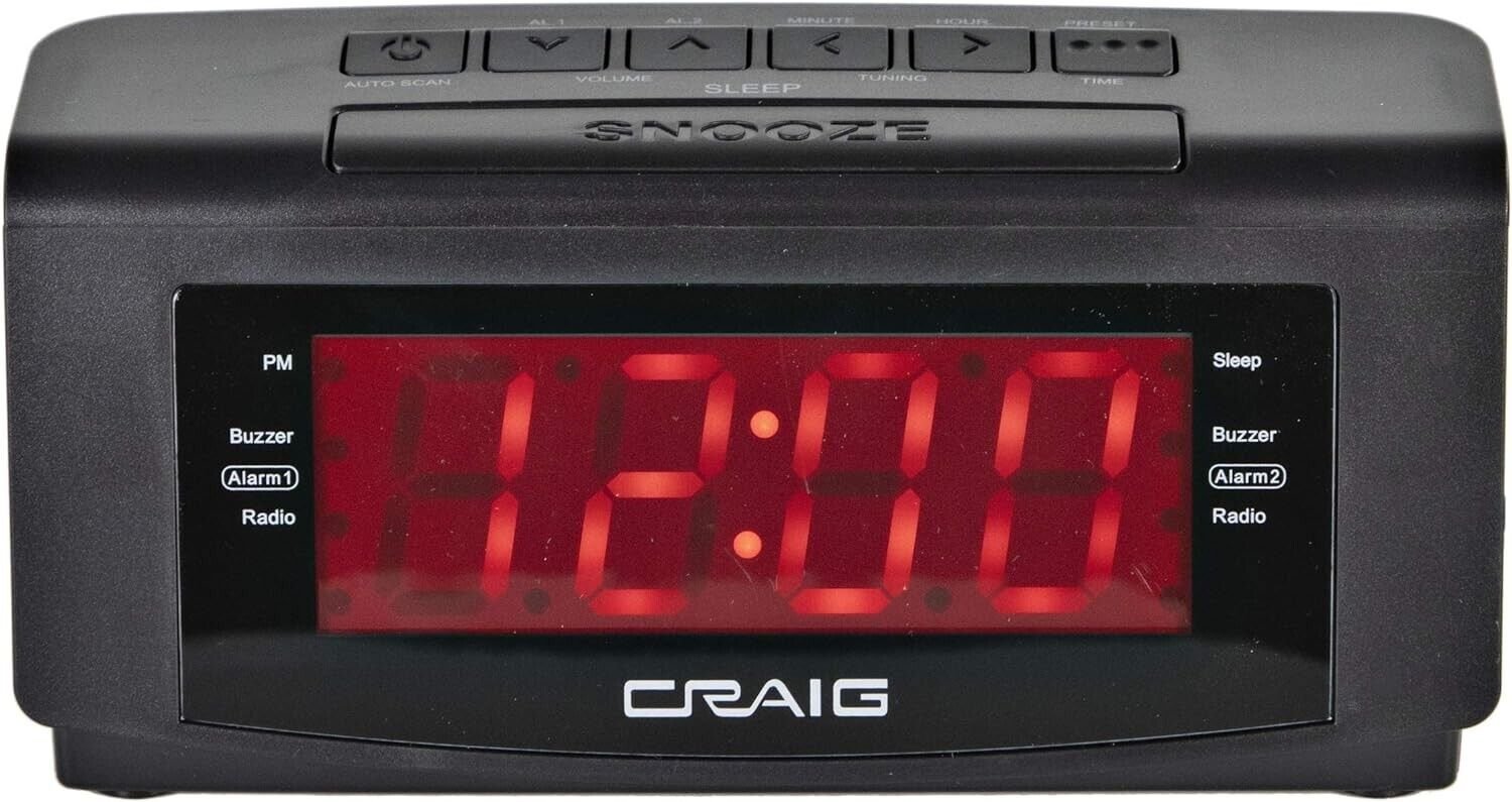 Craig LED Alarm Clock with AM/FM Radio 1.2-Inch Display, Black (CR45372 )