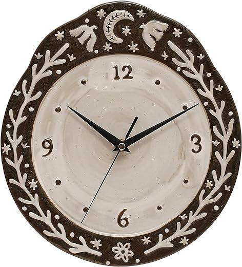 Creative Co-Op 10.75 Inches Embossed Stoneware Night Sky Design and Reactive Glaze, Brown and White Clock