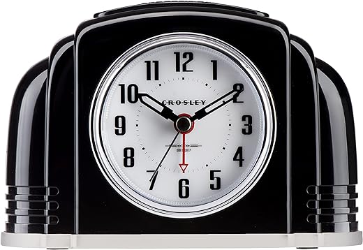 Crosley Vintage Art Deco Analog Alarm Clock, Quiet Sweep Non-Ticking, Automatic Dimmable Smart Light, Simple Controls, (Ivory) (Black)