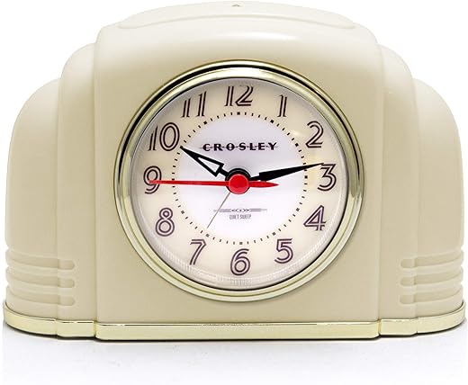 Crosley Vintage Art Deco Analog Alarm Clock, Quiet Sweep Non-Ticking, Automatic Dimmable Smart Light, Simple Controls, (Ivory) (Ivory)