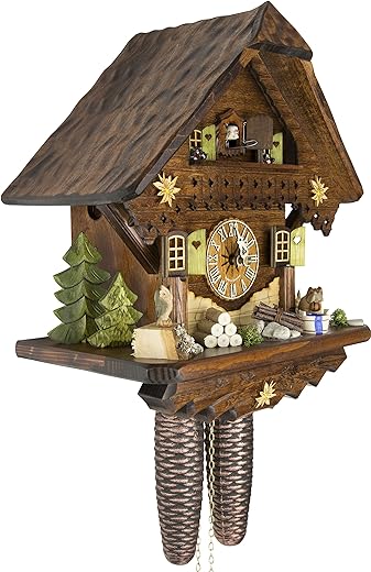 Cuckoo-Palace German Cuckoo Clock - Summer Meadow Chalet with 8-Day-Movement - 13 1/3 inches Height - Black Forest Clock