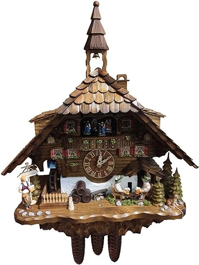 Cuckoo Clock Black Forest house with moving beer drinkers and mill wheel KA 3736/8