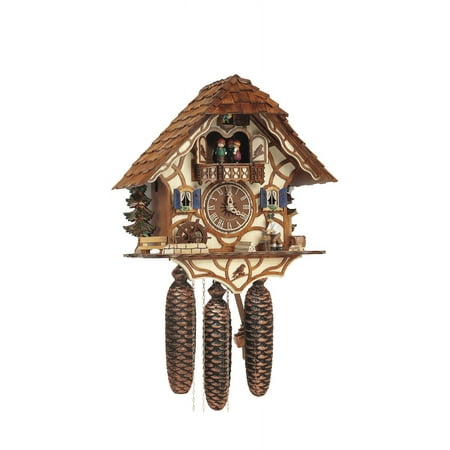 Cuckoo Clock Black Forest house with moving wood chopper and mill wheel