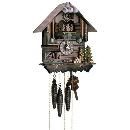 Cuckoo Clock Black Forest house with moving wood chopper and mill wheel