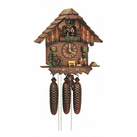 Cuckoo Clock Black Forest house with moving wood chopper and mill wheel