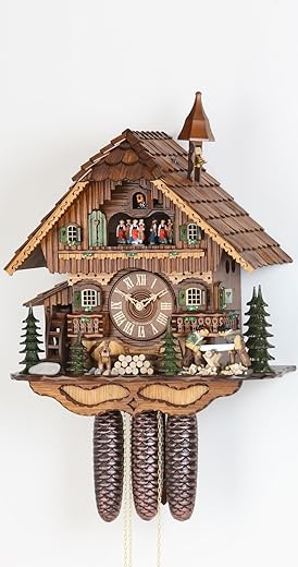 Cuckoo Clock Black Forest house with moving wood chopper and mill wheel KA 3728/8