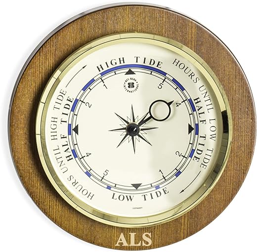 Custom Personalized Made in Germany Tide Clock with Brass Bezel on Cherry Wood Base