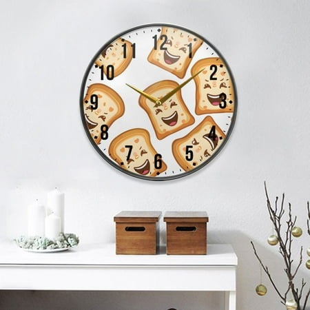 Cute Funny Sliced Toast Bread Round Wall Clock 12 Inch Non-Ticking Silent Battery Operated Clock for Home Kitchen Office School Decor