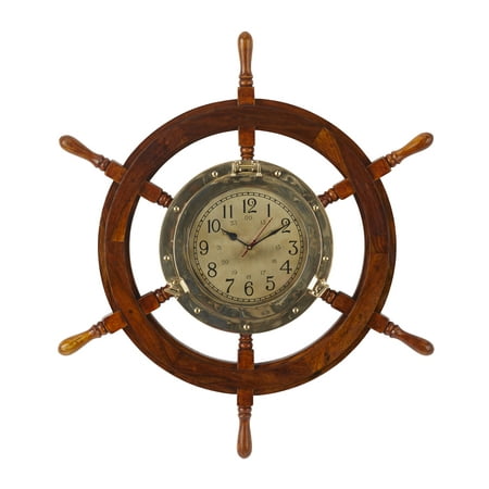 DecMode 30 Gold Wood Sail Boat Ship wheel Wall Clock