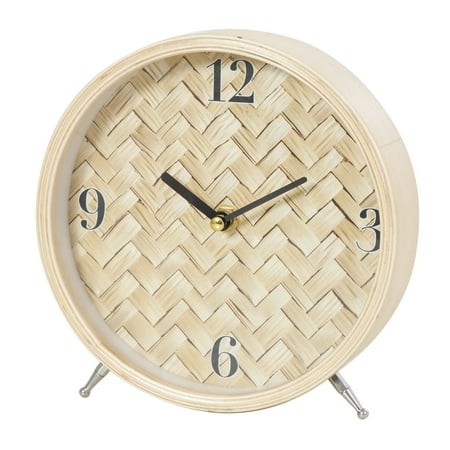 DecMode 7 Light Brown Wood Woven Chevron Patterned Clock with Silver Legs