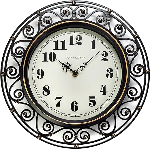 Decorative Iron Style Wall Clock 12 Inch Silent Battery Operated Vintage Elegant Retro Clocks for Living Room Decor, Kitchen Office Dining Room Bedroom School Classroom (13736)