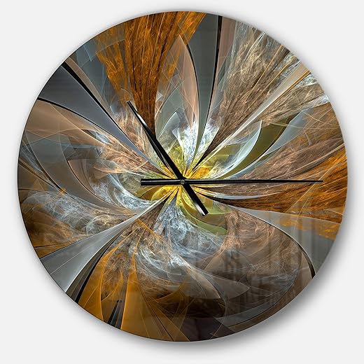 Design Art Yellow Fractal Flower Modern Metal Wall Clock, Large 36 inches, Oversized Decorative Clock for Living Room Office Decoration