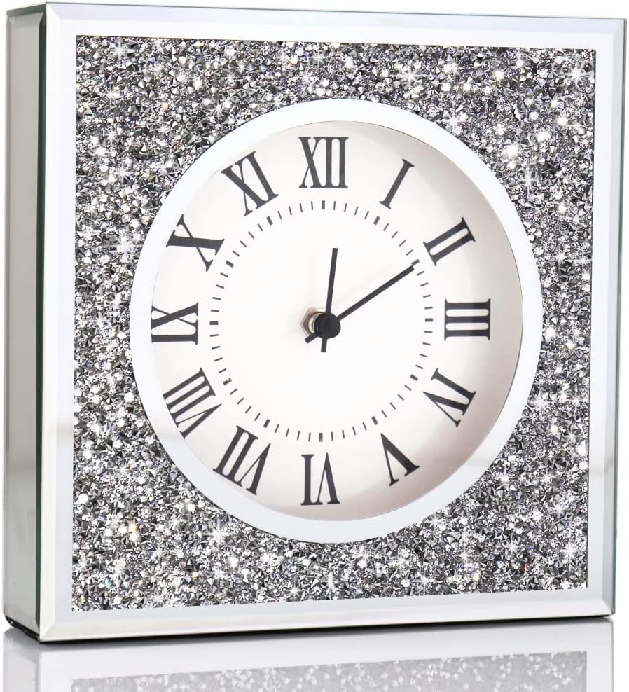 Desk Clock Wall Clock 8x8x2Inch Crushed Diamond Mirrored Clock Table Top Decorative Clock for Home Decoration. AA Battery not Included