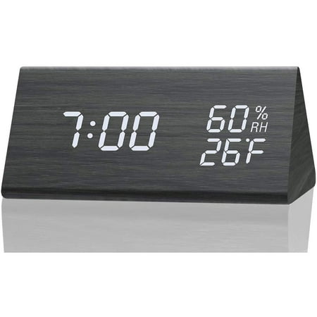 Digital Alarm Clock, with Electronic Wooden LED Time Display, 3 Alarm Settings, Humidity and Temperature Detection, Wooden Electric Clocks for Bedrooms, Bedside Tables