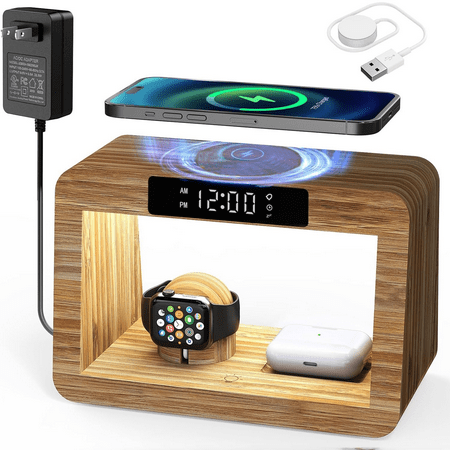 Digital Alarm Clock with phone and Watch Airpods Charging Station,3 in 1 Charger with Dimmable Night Light,Bamboo Phone Charging Dock, Gifts For Men