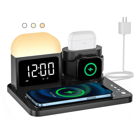 Digital Alarm Clock with Wireless Charging for Iphone and iWatch Airpods,3 in 1 Charger with Dimmable Night Light,Phone Charging Station for Multiple Devices