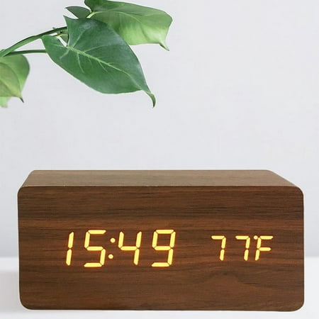 Digital Alarm Clock, Wooden Clock with LED Display, 3 Alarm Settings, Temperature, Time & Date, Decor Digital Clock for Bedroom & Bedside