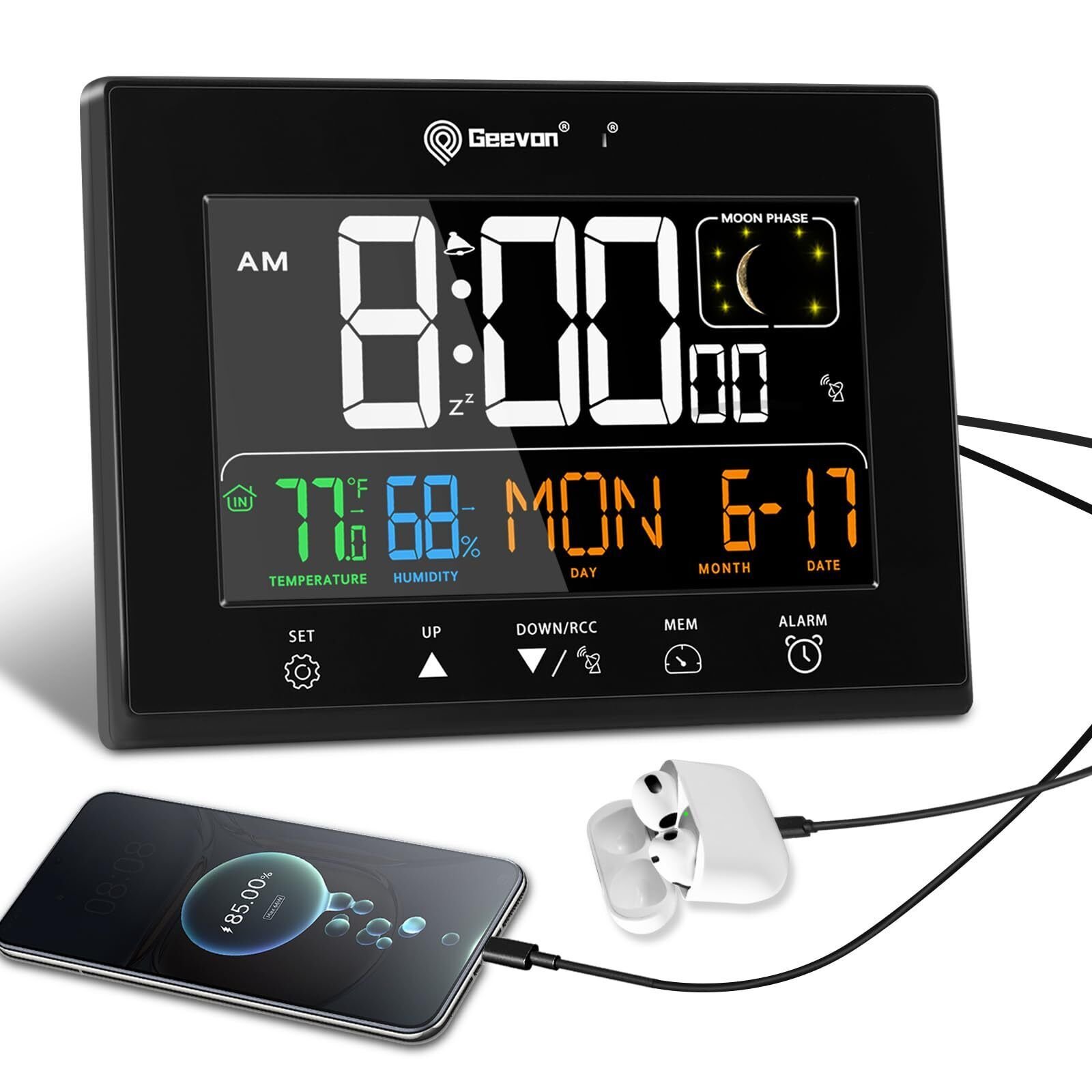 Digital Atomic Alarm Clocks fr Bedrooms with Battery Backup HD Color 2 USB Ports
