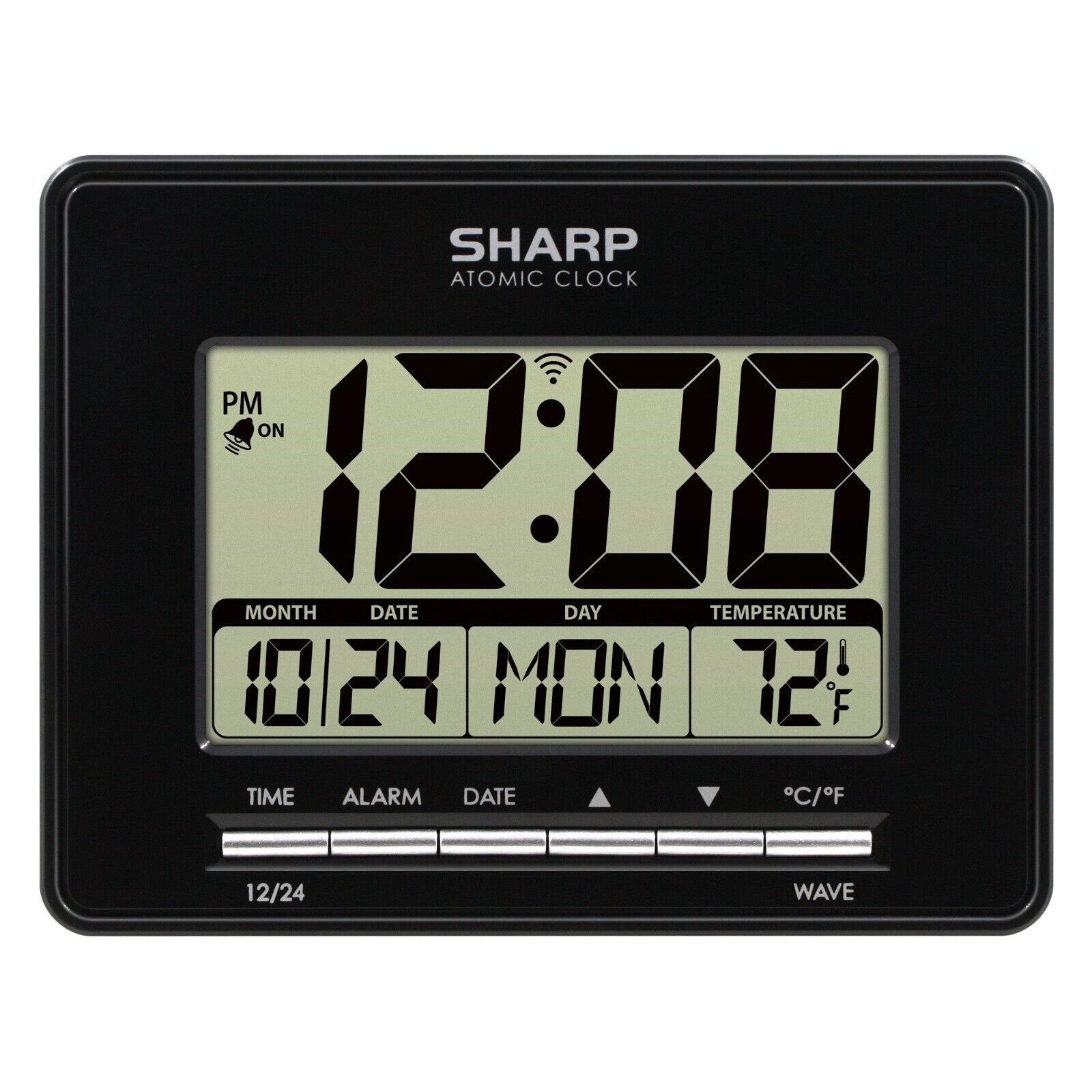 Digital Atomic Clock, Atomic Accuracy, Date, Temperature, Black, LCD Display
