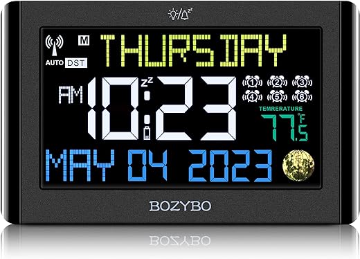 Digital Clock with 6 Alarm Clocks: Atomic Clock with Indoor Temperature Self Time Correction Clock with Day and Date for Elderly Adjustable Brightness Wall Clock or Desk Clock for Bedroom