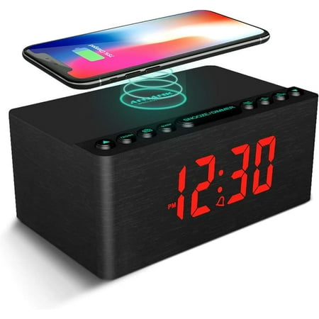 Digital Led Alarm Clock Fm Radio Fast Wireless Charger Station for Iphone/Samsung Galaxy Level 5 Dim Usb Charging Port 2 Sounds Sleep Timer for Bedroom Bedside Desk Wood