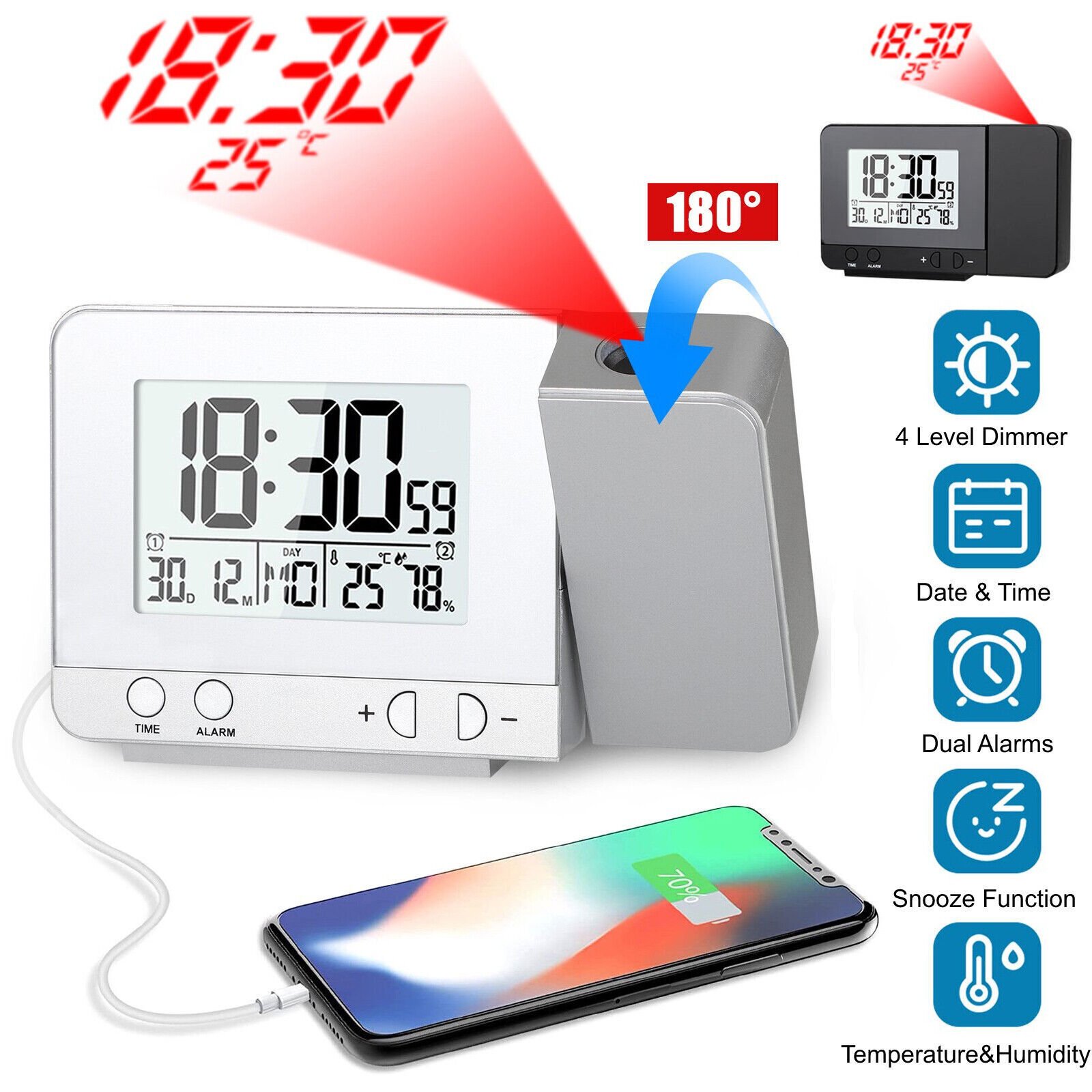 Digital Projector Alarm Clock Weather Calendar LED Snooze USB Dimmable Humidity