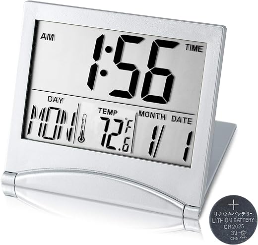 Digital Travel Alarm Clock Battery Operated, Portable Large Number Display Alarm Clock with Temperature,12/24 H Small Desk Clock -Silver (NO Light)