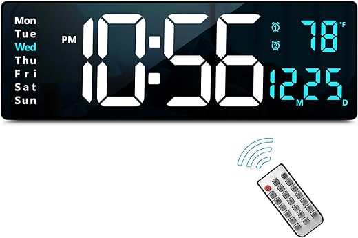 Digital Wall Clock Large Display, 16.2 Inch Large Wall Clocks, LED Digital Clock with Remote Control for Living Room Decor, Automatic Brightness Dimmer Clock with Date Week Temperature (Blue)