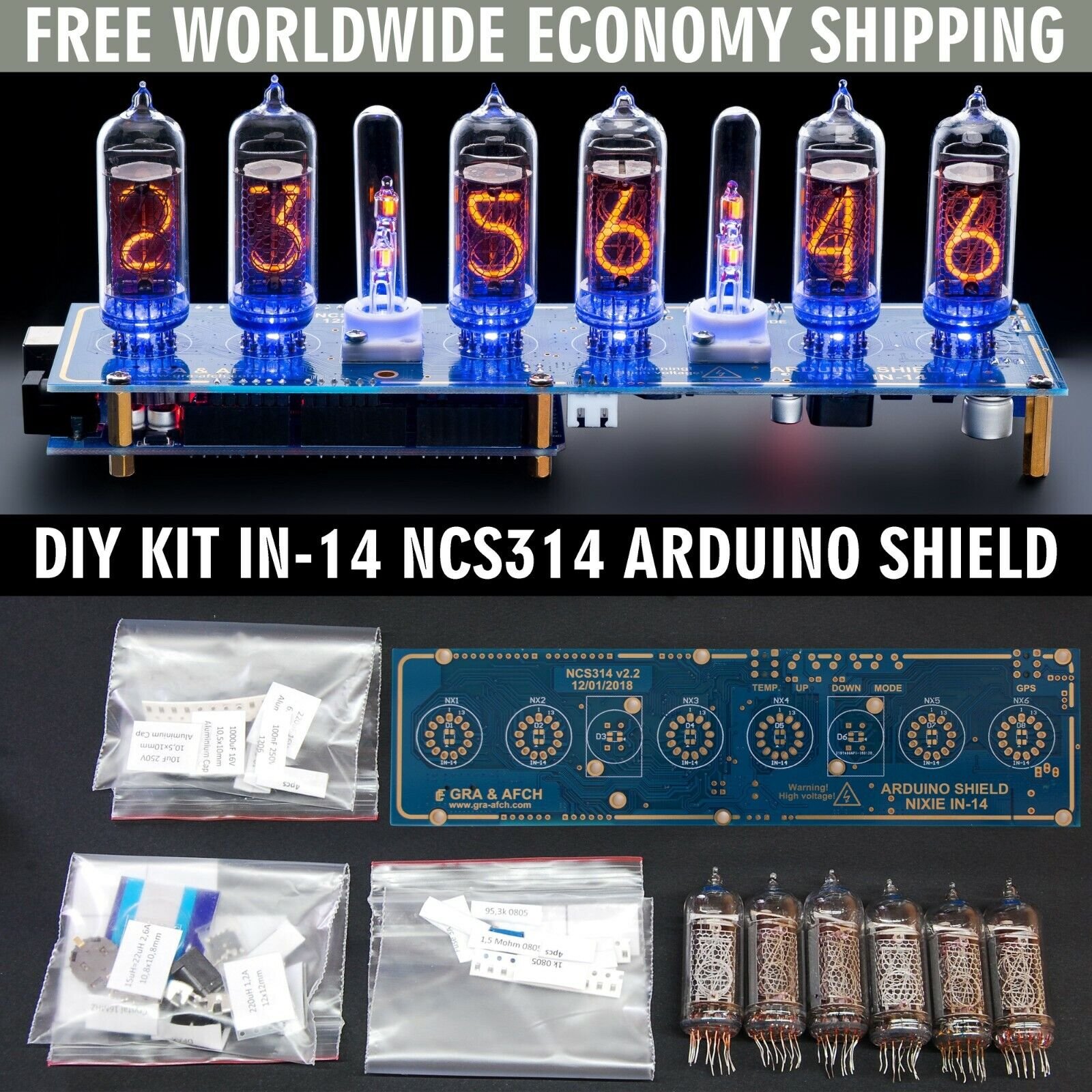 DIY KIT IN-14 Arduino Shield NCS314 Nixie Clock [TUBES COLUMNS] FREE SHIPPING