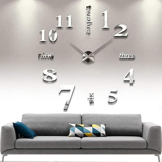 DIY Wall Clock Modern Large 3D Wall Clock Mirror Stickers Home Office Decor,Silver