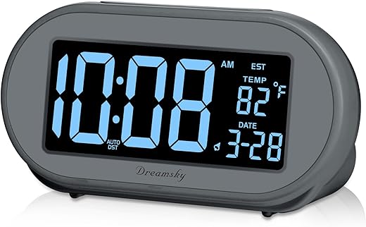 DreamSky Alarm Clocks for Bedrooms, Auto Set Digital Desk Clock for Bedside Nightstand, Electric Clock with Dimmable Brightness Dimmer, Auto DST, USB Port, Date, Temperature, Snooze