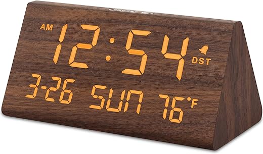 DreamSky Digital Alarm Clocks for Bedrooms - Wooden Electric Clock with USB Ports, Date, Weekday, Temperature, 0-100% Brightness Dimmer, Adjustable Alarm Volume, Snooze, Auto DST