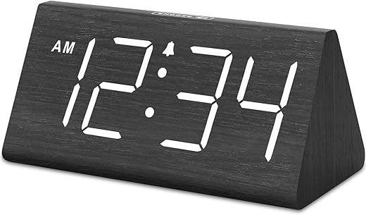 DreamSky Wooden Digital Alarm Clocks for Bedrooms - Electric Desk Clock with Large Numbers, USB Port, Battery Backup Alarm, Adjustable Volume, Dimmer, Snooze, DST, 12/24H, Wood Décor (Black)