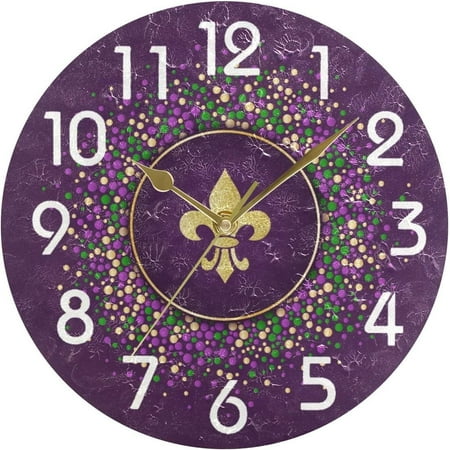 Dreamtimes Mardi Gras Carnival Fleur De Lis Pattern Round Wall Clock, 10 Inch Battery Operated Quartz Analog Quiet Desk Clock for Home,Kitchen,Office,School,Cafe