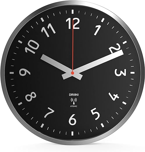 Driini Analog Atomic Wall Clock – Self Setting and Battery Operated – 12’’ Brushed Silver Metal Frame with Black Face – Easy to Read Indoor Clocks for Bedroom, Kitchen, Office, School or Gym.