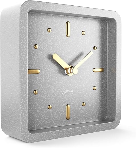 Driini Modern Mid Century Desk & Shelf Clock (Gray and Gold) - Battery Operated with Silent, Analog Movement – Small Tabletop Clocks for Office – Perfect for Mantle, End Table, Desktop or Nightstand