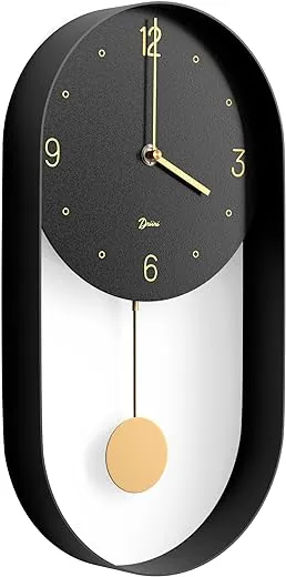 Driini Modern Pendulum Wall Clock - Decorative and Unique Metal Frame, with 8 Inch Face - Contemporary, Minimalist Design, with Silent Battery Operation - Includes Both Black and Gold Pendelum