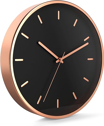 Driini Modern Rose Gold Analog Wall Clock (12 Inch) - Aluminum Frame and Hands - Minimalist Tick Marks on Black Face - Contemporary Decor for Office, Living Room, Kitchen, or Bathroom