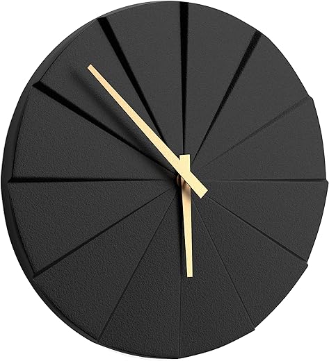 Driini Staircase Modern Wall Clock - Unique 11.2 in. Frameless Concrete Design - Contemporary, Minimalist Decor; No Numbers - Silent Battery Operated Clocks with Decorative Wooden Hands; Black