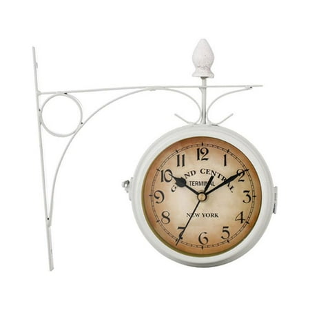 Durable Garden Decoration Retro Home Decor Bracket Double Sided Wall Clock Metal Clock Outside WHITE