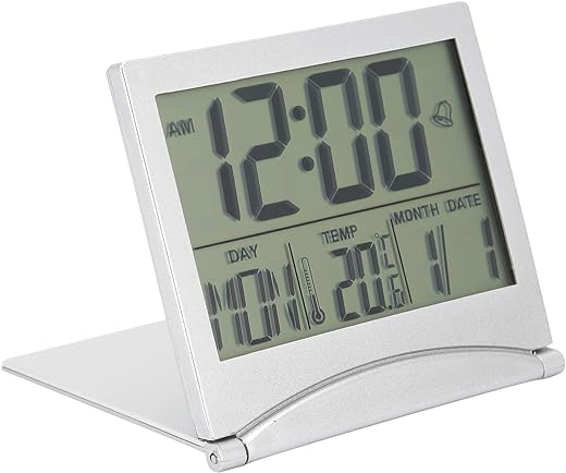 Electronic Compact Alarm Foldable Calendar Easy to Read Atomic Desktop Clock Auto Set Digital Alarm Clock Screen with Time/Date/Temperature Display- Perfect for Nightstand or Desk