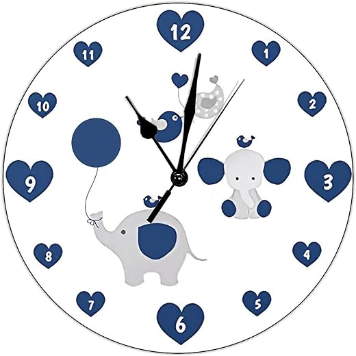 Elephant Navy Blue Gray Baby Boy Nursery Funny Wall Clock 10x10 inch Silent Non-Ticking PVC Clock Battery Operated Bedroom Living Room Home Wall Hanging Decor Art