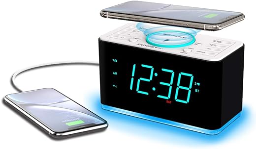 Emerson ER100401 Smartset 15Watt Ultra Fast Wireless Charging Dual Alarm Clock Radio with Bluetooth Speaker, USB Charger, Cyan LED Night Light and 1.4