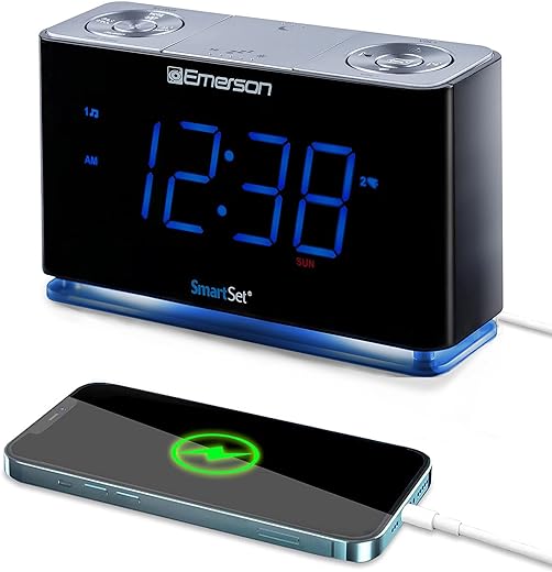 Emerson Smartset Radio Alarm Clock, 1.4 Blue LED Digital Display, USB Charging Port, Brightness Dimmer Controls, Bluetooth Connectivity, Set Alarm to Radio, Music, or Buzzer, Bedside Clock, Black