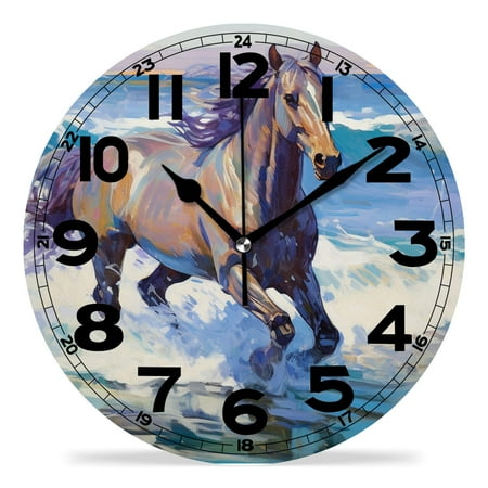 erolrail Rustic Wall Clock,Silent Non Ticking Wall Clocks for Living Room,Bedroom,Kitchen 12IN Blue Horse Running Drawing