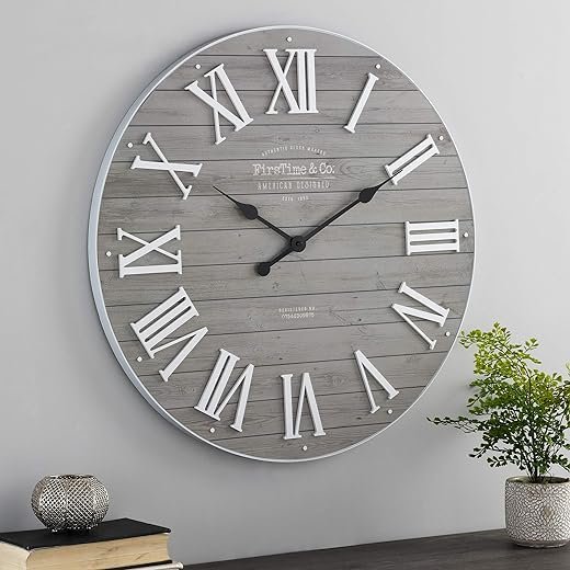 FirsTime & Co. Gray Emmett Shiplap Wall Clock, Large Vintage Decor for Living Room, Home Office, Round, Plastic, Farmhouse, 27 inches