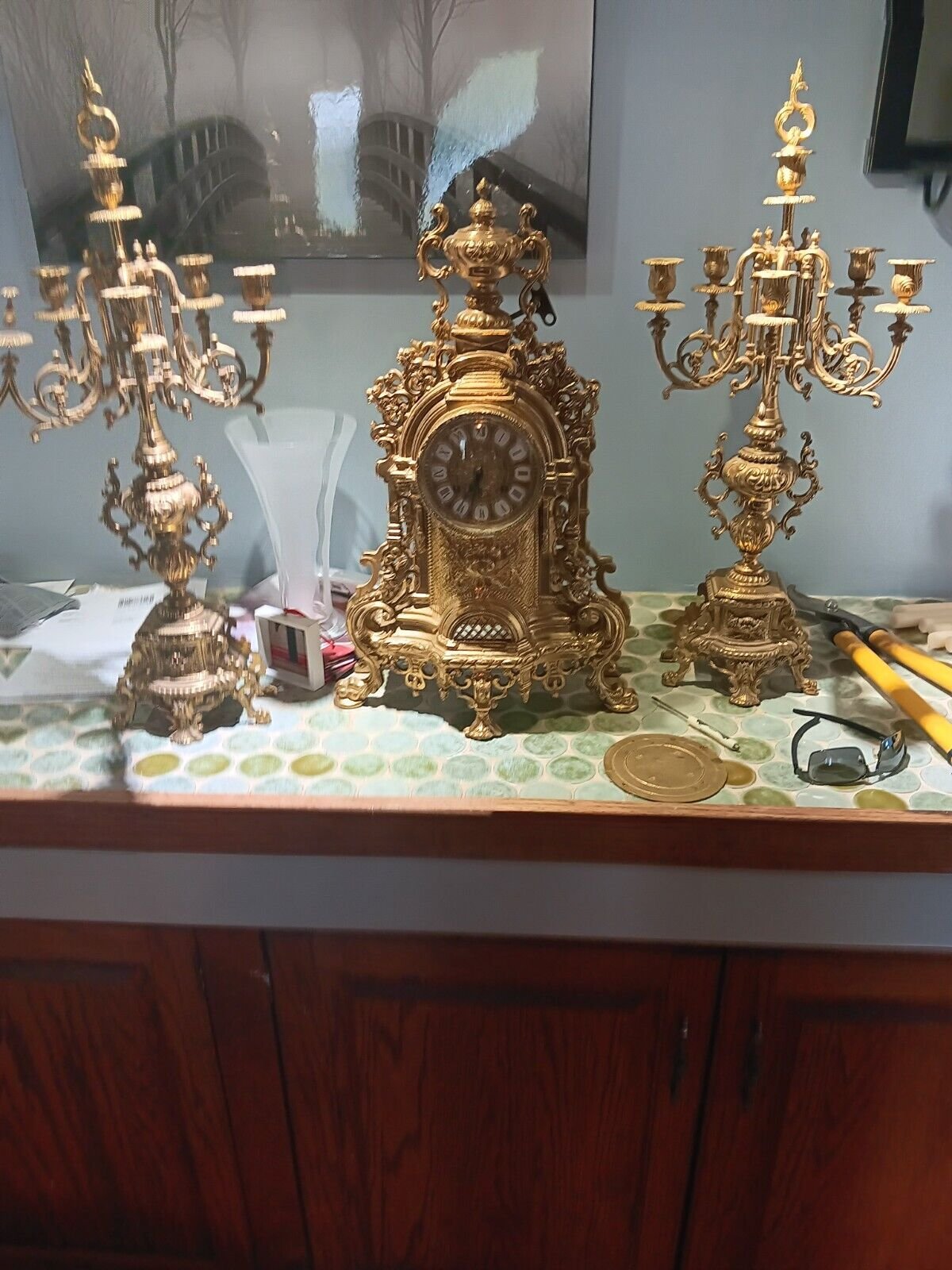 Franz Hermle Brass Mantle Clock Garniture Set Italian Imperial Gothic Vintage