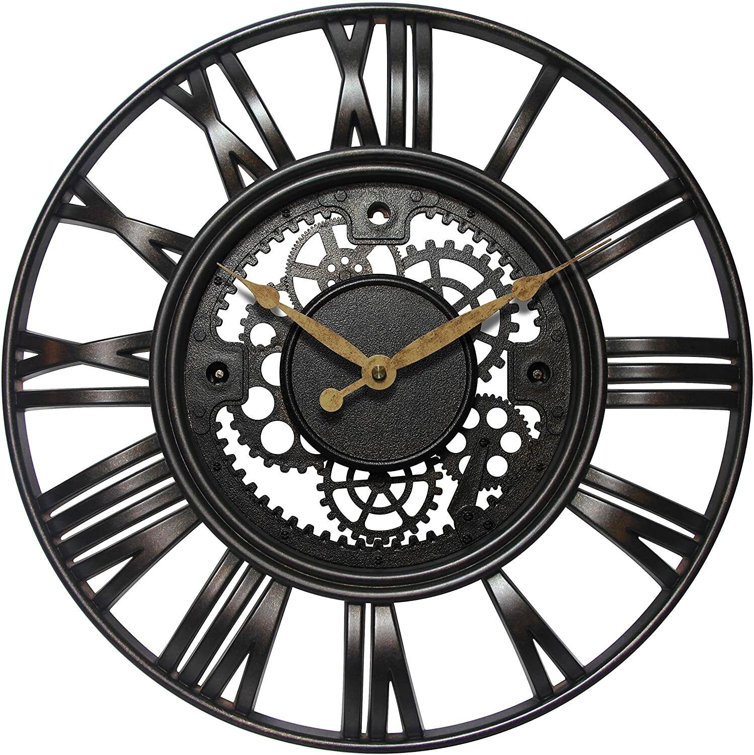 Gears 16" Large Brushed Oil Rubbed Bronze, Rust Wall Round Wall Clock, Quartz